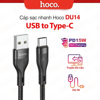 Cáp sạc nhanh PD15W USB to Type-C Hoco DU14 hỗ trợ truyền dữ liệu ,Lõi hợp kim aluminum, dây dù siêu bền, dài 1M