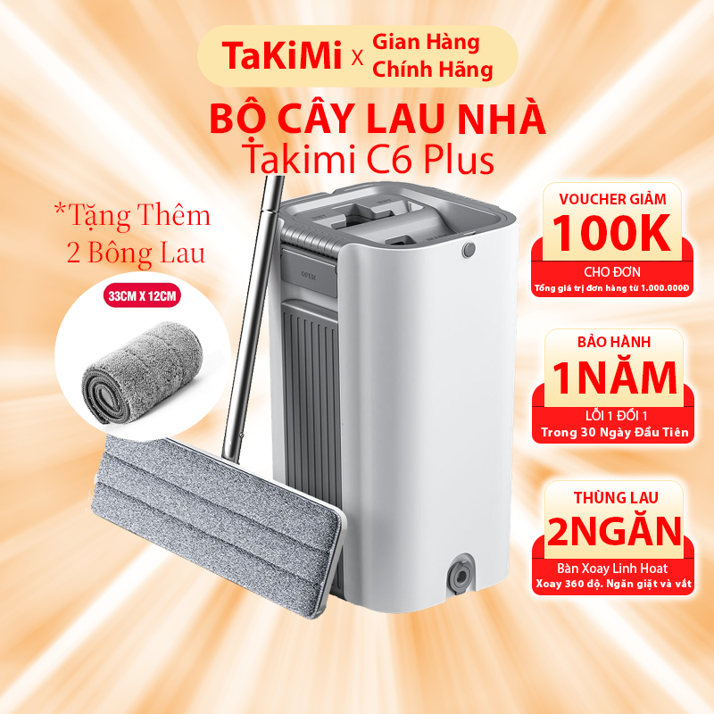 Bộ lau nhà Takimi C6 Plus có thùng lau nhà 2 ngăn tự vắt, cây lau nhà 360 độ lau sàn làm sạch, 3 bôn