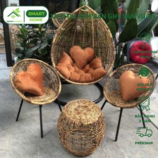 Bộ xích đu kèm bàn ghế sân vườn SMARTHOMES mây nhựa cao cấp dùng decor sân vườn quán cafe sang trọng