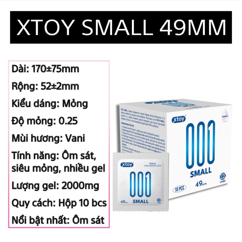Bao cao su XTOY SMALL 0.01, ôm sát, size nhỏ 49mm, siêu mỏng, kéo dài thời gian, hương chocolate, nhiều gel - hộp 10 bcs