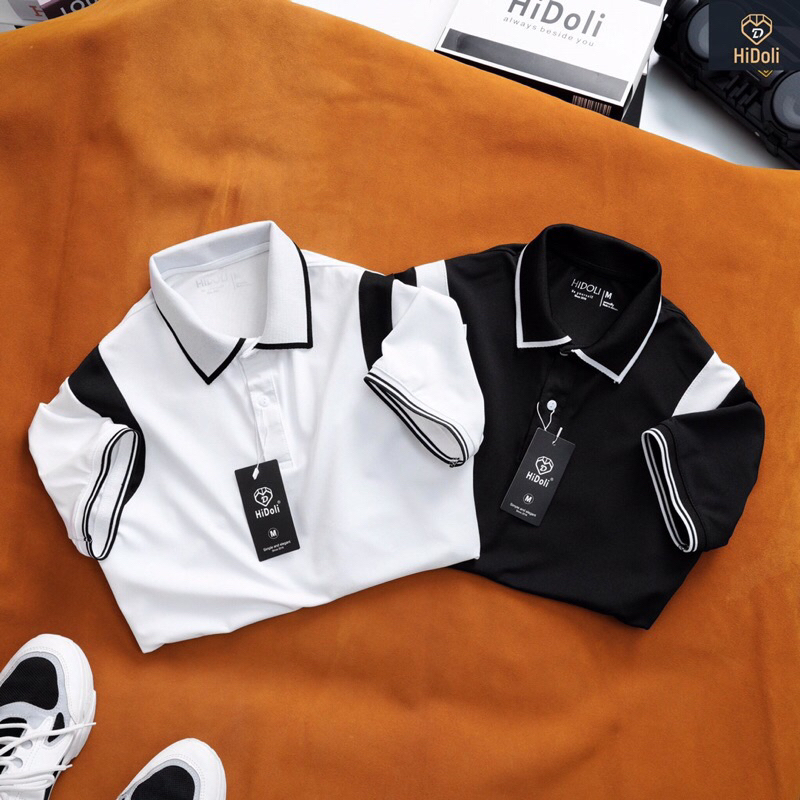 Áo polo HiDoLi đen trắng sọc năng động trẻ trung
