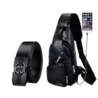 Combo túi da đeo chéo dc1297 thắt lưng da nam gg01 đen