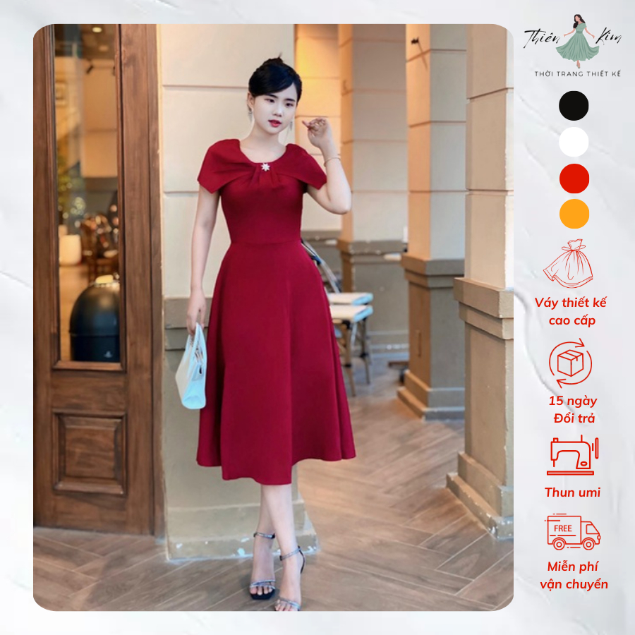 X048 - Đầm Xòe Vai Phủ Xếp Cổ Cài Phụ Kiện Công Sở, Váy Xòe Bigsize Trung Niên Đi Làm Đi Tiệc