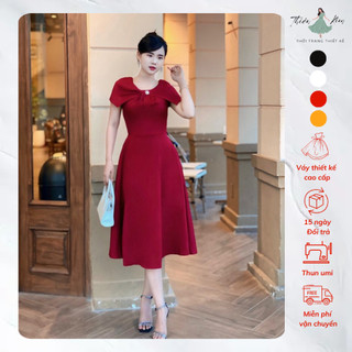 Đầm Xòe Vai Phủ Xếp Cổ Cài Phụ Kiện Công Sở, Váy Xòe Bigsize Trung Niên Đi Làm Đi Tiệc Mã Xòe X48