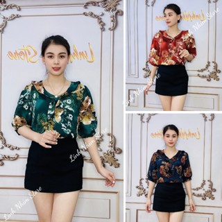 Áo Phông Nữ Phối Cổ Tay Lỡ Họa Tiết Cao Cấp Áo Thun Nữ Trung Niên Chất Mịn Mát