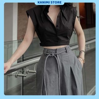 Sét áo sơ mi cổ bẻ kèm quần suông dây đai mẫu mới thời trang kanimi