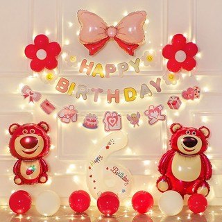 Bóng kiếng gấu dâu, bong bóng in hình gấu lotso, dây happy birthday trang trí sinh nhật chủ đề gấu dâu hot trend