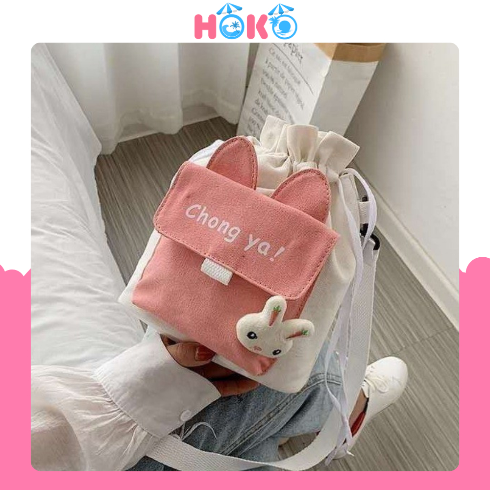 Túi đeo chéo vải canvas mini HOKO mẫu mới nhất 2024 túi đeo vai tai thỏ phối dây rút siêu dễ thương