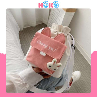 Túi đeo chéo vải canvas mini HOKO mẫu mới nhất 2024 túi đeo vai tai thỏ phối dây rút siêu dễ thương