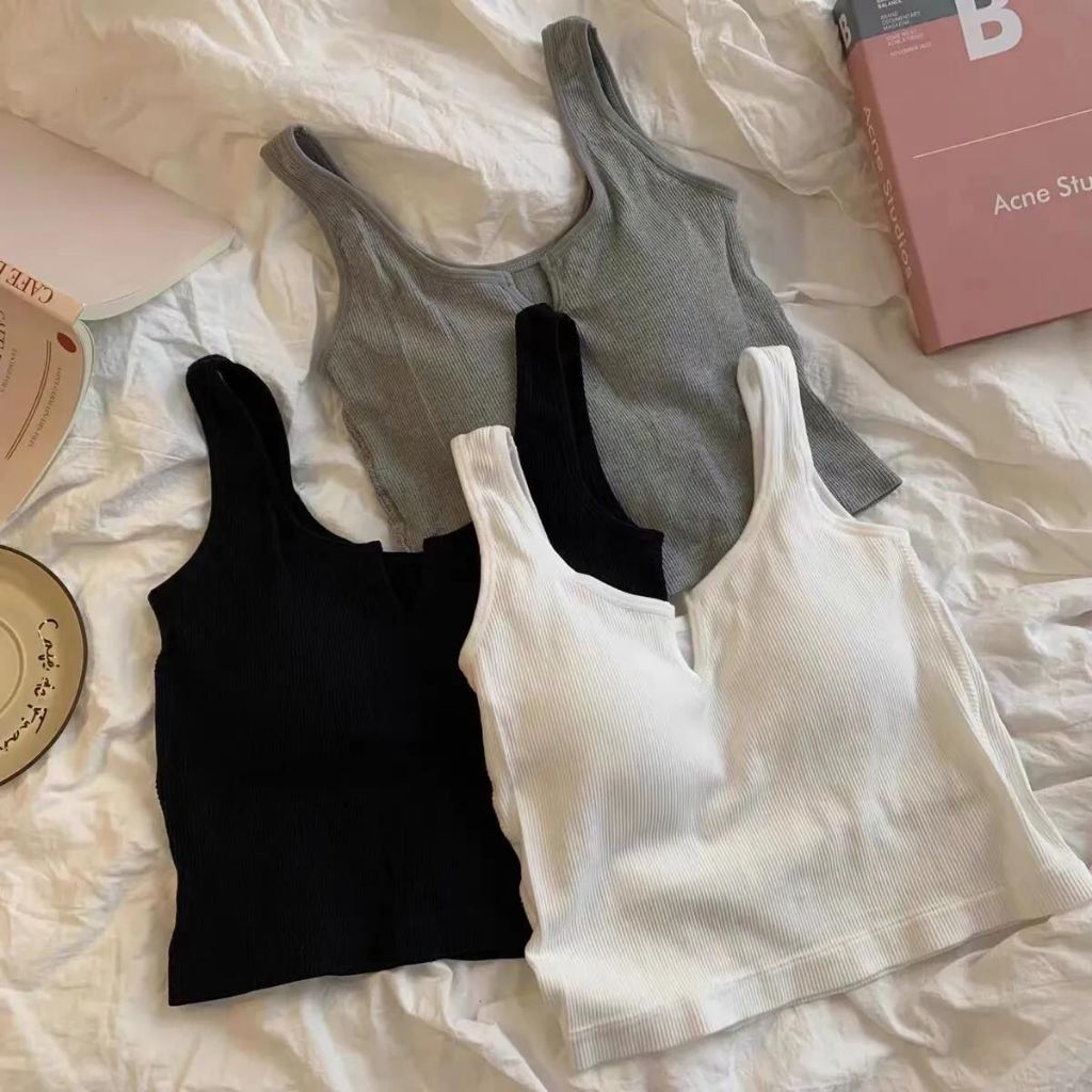 [FreeShip] Áo ba lỗ có mút đệm ngực dáng ngắn khoét ngực màu trơn, Áo hai dây croptop Tank top cổ ca