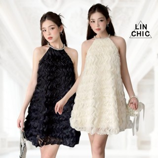 Váy kiểu nữ cổ yếm dáng xòe, đầm ngắn suông phối cổ đá LINCHIC V-VPC4