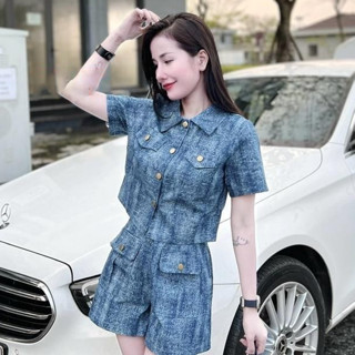  Sét Bò Nữ Cộc Tay Sang Chảnh Gồm Áo Khoác Cổ Sơ Mi Mix Quần Sooc Túi Hộp Hàng Đẹp Chất Umi Mát Co Giãn 