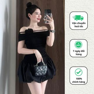Váy trễ vai kèm dây hoa dáng xoè sang chảnh đầm thiết kế nhún eo đi chơi Minaca Clothing V290