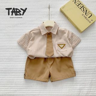  Set sơ mi kẻ nâu đính tag cà vạt chất thô dày vừa phải phối quần kaki mềm mịn đứng form cho bé từ 9-23kg 0923B009