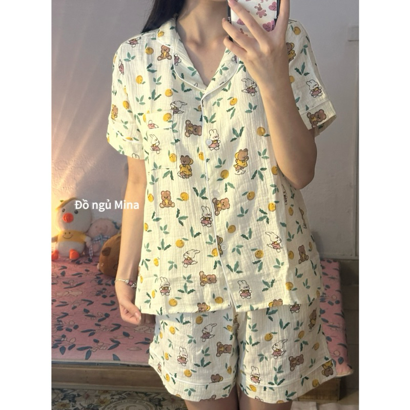 Bộ đồ mặc nhà nữ xô muslin Đồ ngủ Mina cổ bẻ dáng cộc Áo Quần Ngủ Women
