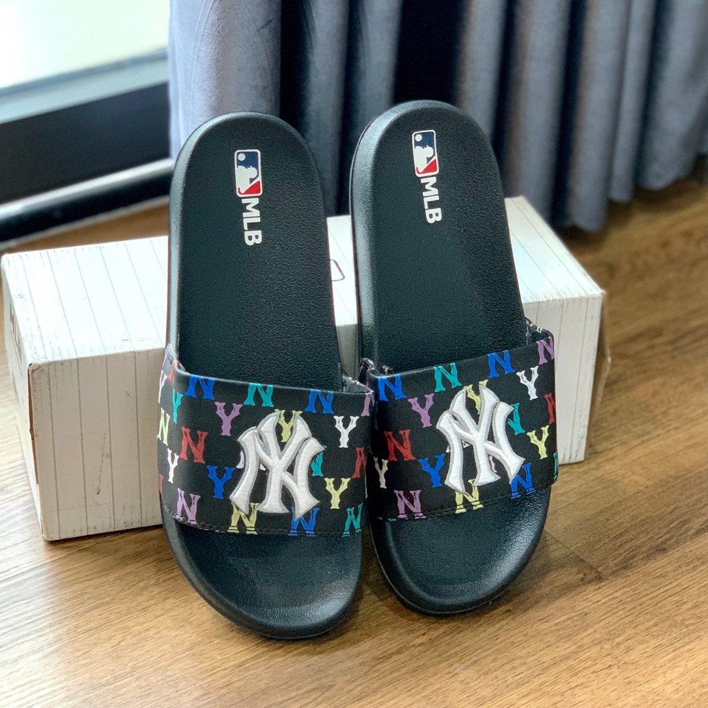 Dép 𝐌𝐋𝐁 𝗡𝗬 quai ngang nam nữ, dép mlb bóng chày quai ngang thể thao thêu 𝗡𝗬 màu đen quai đen
