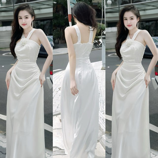 Váy LỤA Dự Tiệc ĐÍNH HOA HỒNG  CỔ YẾM NHẸ NHÀNG Dáng Dài HAI Dây Sau Xoè Nhẹ Xếp Ly Chất Lụa Mềm Mịn - TUONGVY987