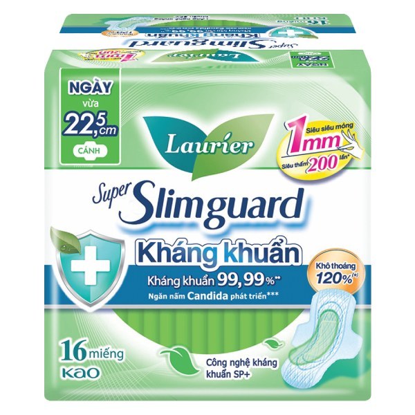 Băng Vệ Sinh Laurier Slimguard Kháng Khuẩn Siêu Mỏng Cánh 1Mm 16 Miếng 22.5Cm, Kháng khuẩn SP+