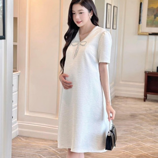Đầm bầu cổ v nơ đá cao cấp 2 lớp váy bầu váy xuông bầu