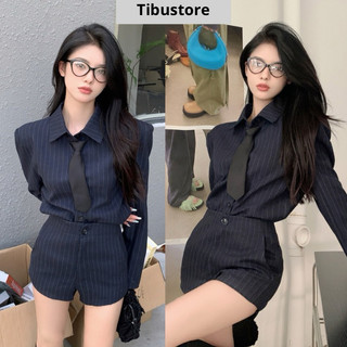 Set áo sơmi kẻ sọc tay dài phối quần sort tibu set bộ đồ nữ thanh lịch đơn giản đi chơi đi làm học sang chảnh 03