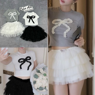 Sét áo Croptop phối nơ và chân váy Lưới 4 tầng