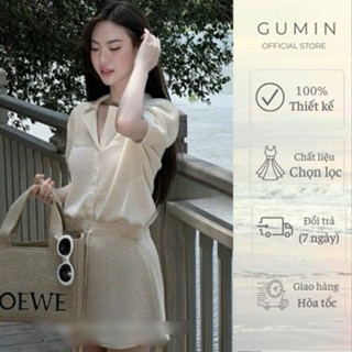 Set áo váy GUMIN thiết kế màu be kem áo cổ vest họa tiết chấm lỗ kèm chân váy dây rút có lớp trong cao cấp