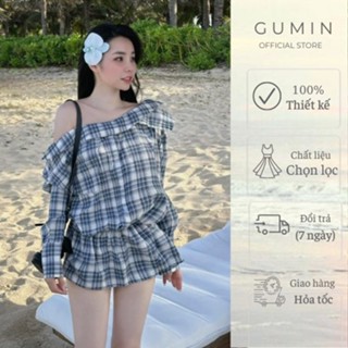 Đầm trễ vai GUMIN thiết kế họa tiết caro đính đá có gấp ngực và chun eo cao cấp sang trọng