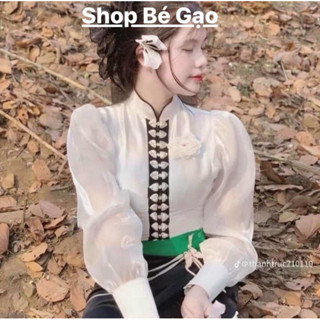 Áo Cóm Cổ Đứng Phi Bóng Trắng Tay Tơ Dài , Áo Cóm Dân Tộc