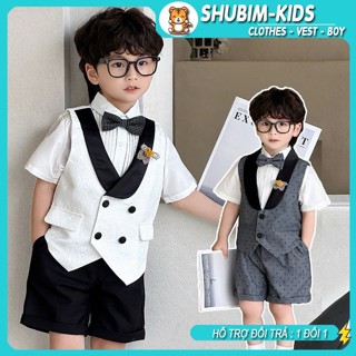 [Shubim Kids] Bộ Vest Bé Trai - Gile Trắng In Nổi - Gile Ghi Chấm Bi Cao Cấp - Sang Chảnh cho bé dự tiệc mùa hè