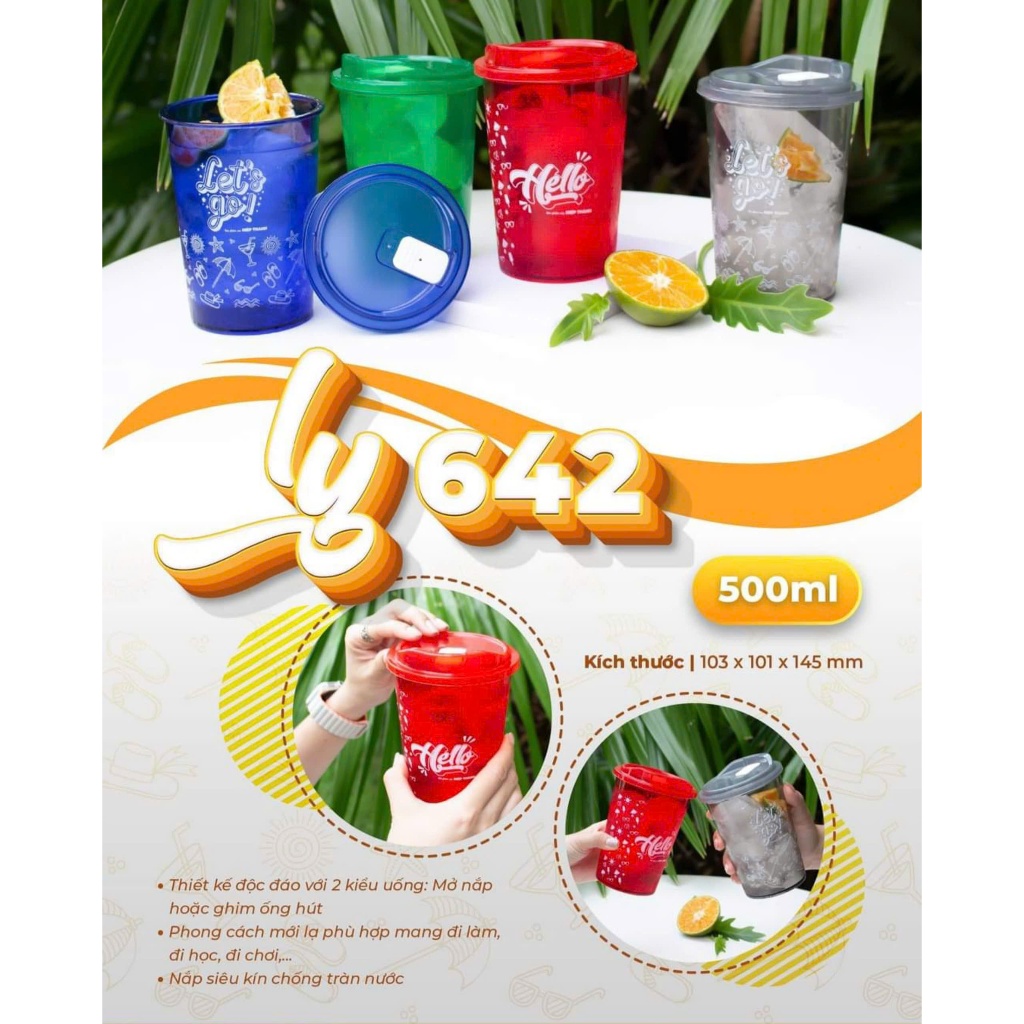 Ly nước 500ml nhựa trong, ly nước có nắp đậy, Ly 642 HTH