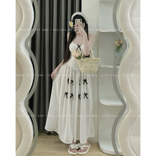 Váy xoè dài 2 dây nhún ngực đính nhiều nơ nhỏ maxi đi biển siêu dễ thương [ HÌNH THẬT HƯƠNG TUYẾT ANH BOUTIQUE ]
