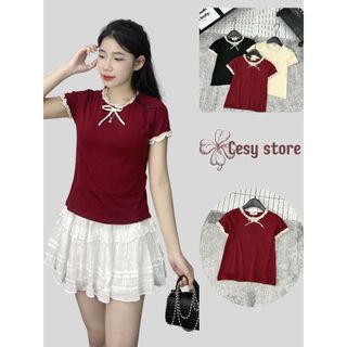 Áo thun nữ cổ ren Cesy, áo body nữ phối cổ ren đính nơ coton 300