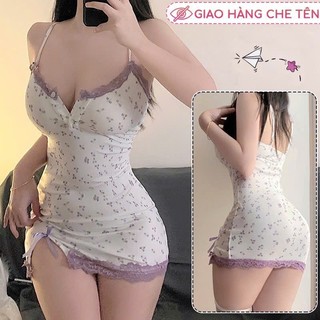 Tặng kèm chip - Váy ngủ hoa nhí viền ren tím xẻ đùi dáng ôm gợi cảm 