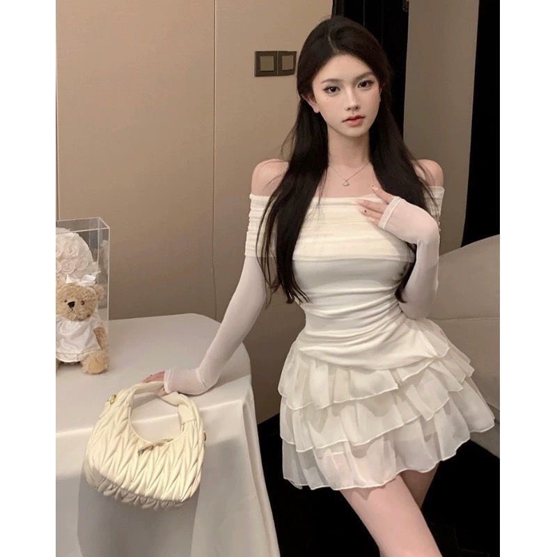  Set bộ váy áo nữ thiết kế áo trễ vai cách điệu phối chân váy babydoll tiểu thư sang chảnh MOQC SP191 