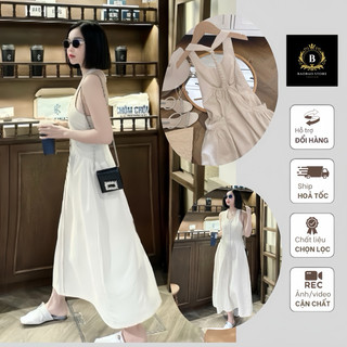 Váy xoắn lưng Baobao, đầm linen xoắn dây lưng, Đầm midi cổ chữ U khóa kéo thắt bím sau lưng _ B771