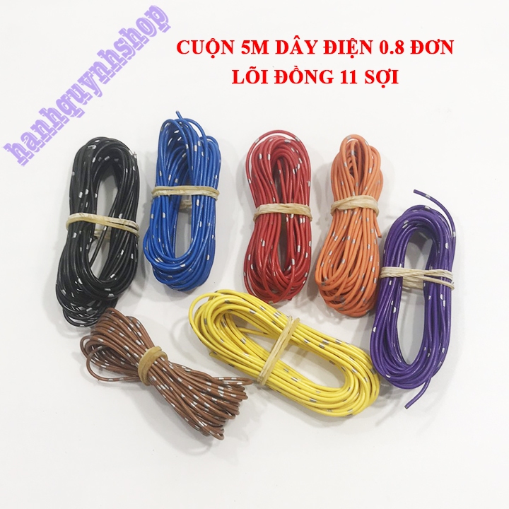 Cuộn 5m dây điện nhật 0.8 đơn lõi đồng 11 sợi 7 màu, dây điện đơn