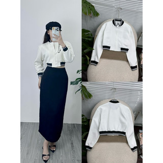 HIPU.VNXK - Áo khoác croptop bomber trắng phối viền sọc đen.