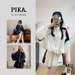 Set bộ đồ nữ áo khoác gió thể thao thêu CELI cổ bẻ mix quần short đùi phối sọc, set gió mix quần short PIKA.CLOTHINGG