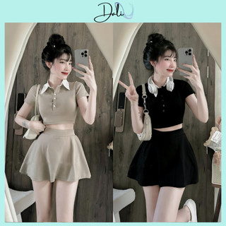 Set Bộ 2 Món Gồm Áo Croptop Cổ Polo Phối Trắng + Chân Váy Xoè Hack Dáng Có Lót Quần Trong