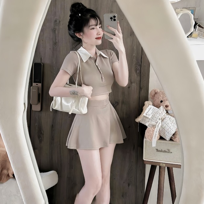 Set Bộ 2 Món Gồm Áo Croptop Cổ Polo Phối Trắng + Chân Váy Xoè Hack Dáng Có Lót Quần Trong | BigBuy360 - bigbuy360.vn