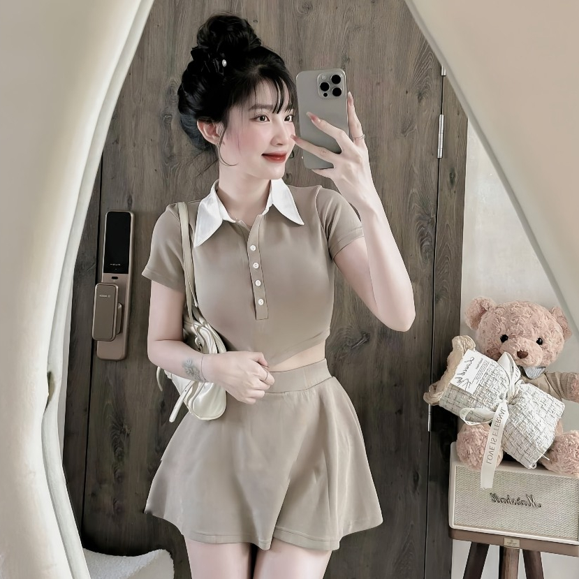 Set Bộ 2 Món Gồm Áo Croptop Cổ Polo Phối Trắng + Chân Váy Xoè Hack Dáng Có Lót Quần Trong | BigBuy360 - bigbuy360.vn