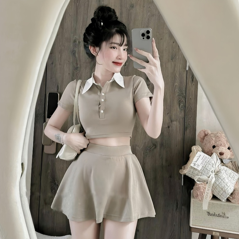 Set Bộ 2 Món Gồm Áo Croptop Cổ Polo Phối Trắng + Chân Váy Xoè Hack Dáng Có Lót Quần Trong | BigBuy360 - bigbuy360.vn