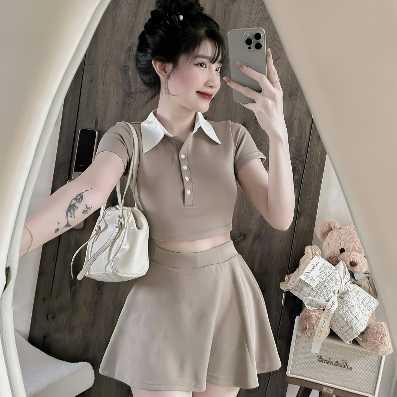 Set Bộ 2 Món Gồm Áo Croptop Cổ Polo Phối Trắng + Chân Váy Xoè Hack Dáng Có Lót Quần Trong | BigBuy360 - bigbuy360.vn