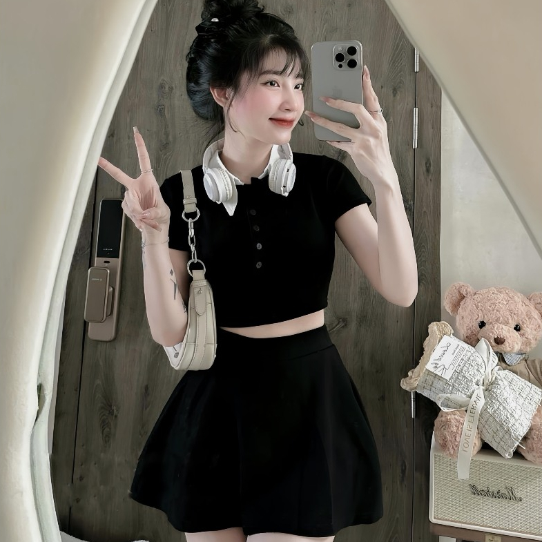 Set Bộ 2 Món Gồm Áo Croptop Cổ Polo Phối Trắng + Chân Váy Xoè Hack Dáng Có Lót Quần Trong | BigBuy360 - bigbuy360.vn