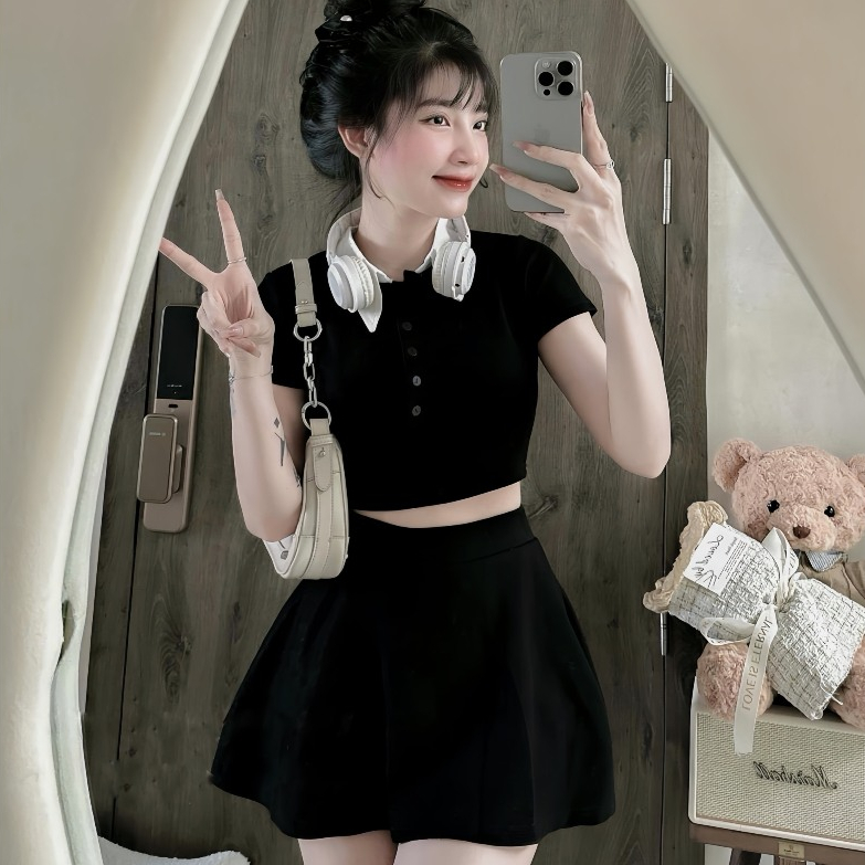 Set Bộ 2 Món Gồm Áo Croptop Cổ Polo Phối Trắng + Chân Váy Xoè Hack Dáng Có Lót Quần Trong | BigBuy360 - bigbuy360.vn