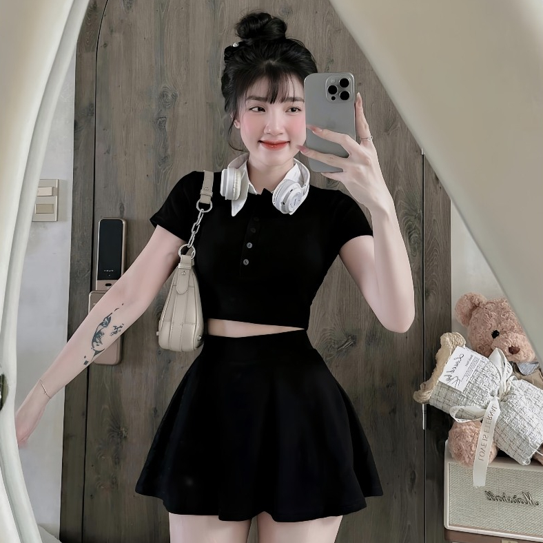 Set Bộ 2 Món Gồm Áo Croptop Cổ Polo Phối Trắng + Chân Váy Xoè Hack Dáng Có Lót Quần Trong | BigBuy360 - bigbuy360.vn