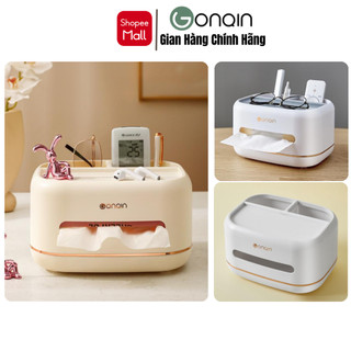 Hộp đựng khăn giấy để bàn gonqin cao cấp, có ngăn để đồ đa năng, chất liệu nhựa abs
