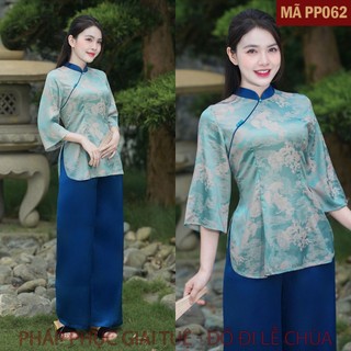Mã PP062 Xanh_Pháp Phục Đi Chùa Cho Nữ, Mã Cổ Tàu Phối Gắn Khuy Đá, Áo Lụa Gấm 2 Da, Quần Lụa Vân, Hoạ Tiết Rồng Phượng.