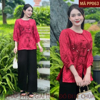 Mã PP063 Đỏ_Pháp Phục Đi Chùa Cho Nữ, Mã Tằm Thọ Khuy Tết Tay Bo Gấu, Chất Liệu Áo Tơ Tằm Chữ Thọ, Quần Lụa Vân Dày Dặn.