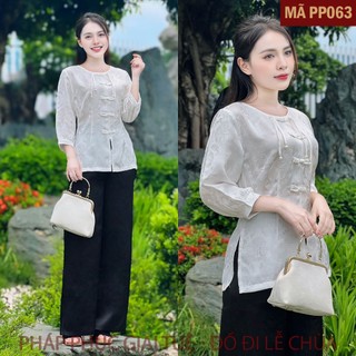 Mã PP063 Trắng_Pháp Phục Đi Chùa Cho Nữ, Mã Tằm Thọ Khuy Tết Tay Bo Gấu, Chất Liệu Áo Tơ Tằm Chữ Thọ, Quần Lụa Vân.